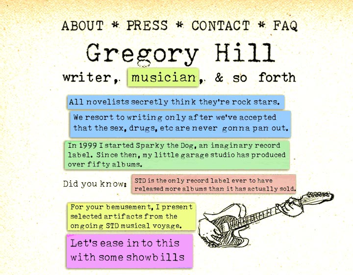 Introduction to Gregory Hill's musical endeavors within Sparky the Dog Records
